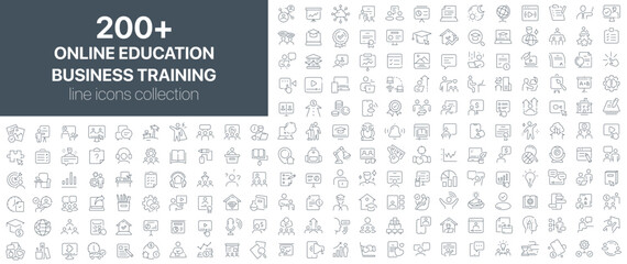 Online education and business training line icons collection. Set of outline icons related to digital learning, online courses, business webinars, virtual education, and corporate training programs