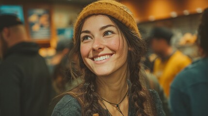 Obraz premium Smiling Young Woman in Cozy Coffee Shop Engaging with Friends