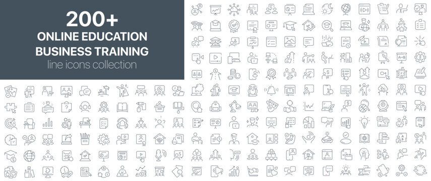 Online education and business training line icons collection. Set of outline icons related to digital learning, online courses, business webinars, virtual education, and corporate training programs