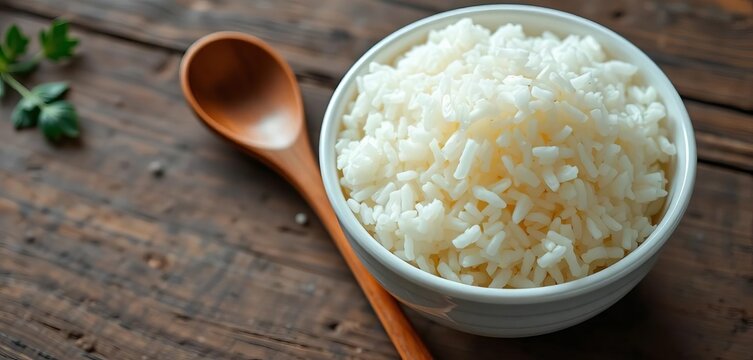 Fluffy parboiled rice in a pristine white bowl, wooden spoon beside it on rustic wood,  cooking,   organic