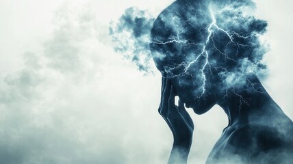 Businessman holding his head with storm clouds and lightning inside his head, symbolizing mental health issues