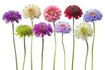 Colorful row of pincushion flowers isolated on white, beautiful floral arrangement
