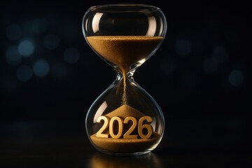 Time's Passage: A close-up shot reveals an hourglass with the year 2026 etched in sand, symbolizing the passage of time and anticipation for the future.