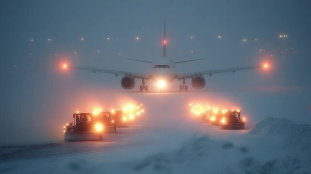 Snowstorm Scene with Airplane and Snow Plows at Airport During Low Visibility Conditions
