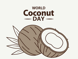 World Coconut Day Illustration with Whole and Halved Coconuts and Leaves on a Cream Background
