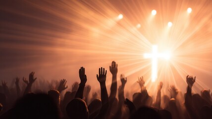 Believers raising hands in joyful praise and faith beneath a glowing cross silhouette, united in worship and celebration