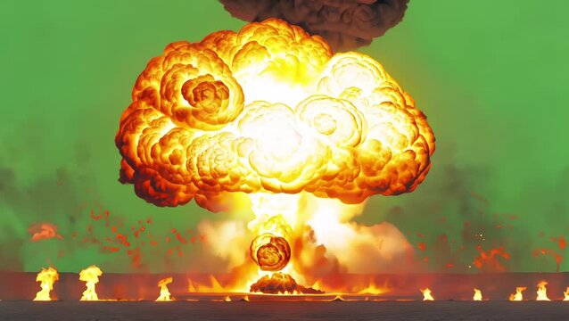 massive fiery explosion with mushroom cloud and billowing smoke on green screen key