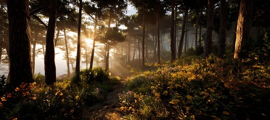 Golden sunrise light filters through forest trees, carried by a whisper of ocean breeze