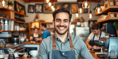 Smiling owner in a bustling coffee shop, happy staff working, teamwork, energy
