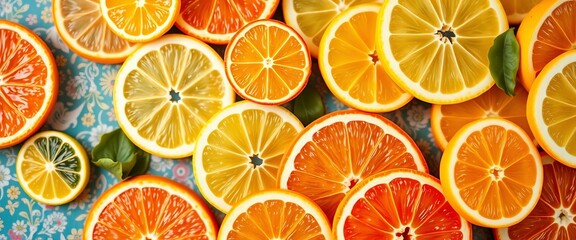 Obraz premium Vibrant citrus rounds, oranges & lemons, thinly sliced, colorful background, ingredient, collage