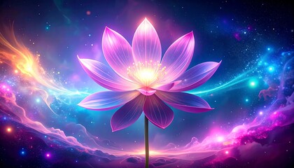 Glowing lotus in cosmic landscape