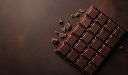 Close-up of dark chocolate bar with scattered pieces on brown textured table, featuring empty vertical bars and copy space for aromatherapy or healthy food design concept