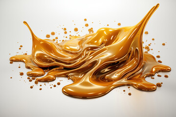 Golden liquid flows and splashes across a white surface, creating intricate shapes and textures while reflecting light in various angles.