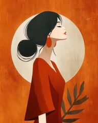 Elegant Woman in Red Dress with Leaf Decor
