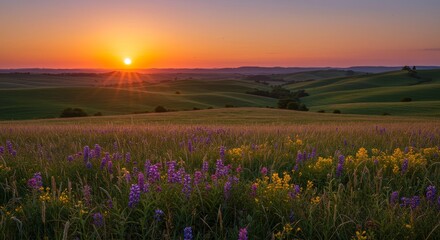 Fototapeta premium Picturesque sunset vista over verdant hills, with wildflower meadow in full bloom