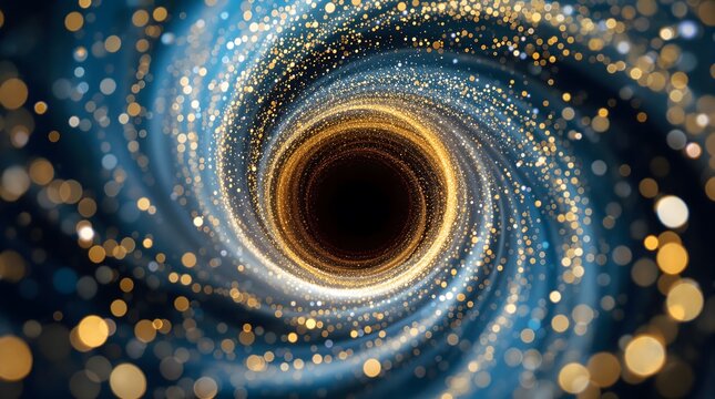 Mesmerizing golden vortex with shimmering particles creating a magical, ethereal journey into the unknown.