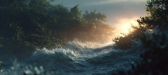 Early morning forest glows with golden sunlight, touched by the calm ocean air