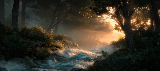 Early morning forest glows with golden sunlight, touched by the calm ocean air