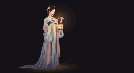 Vector Illustration of Woman Holding Lantern in Traditional Chinese Clothing for Mid Autumn Festival Graphic Design