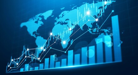 Global Business Growth: Financial Charts, World Map, and Economic Trends in Blue, Visualizing Success, Investment Strategies, Market Analysis, Data Visualization Illustration