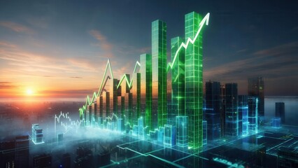 Green financial charts and graphs forming a city skyline against a dramatic sunrise or sunset, with a blurred cityscape below, concept of market growth and economic prosperity