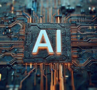 AI Chip Embedded in Circuit Board with Illuminated Orange Circuitry