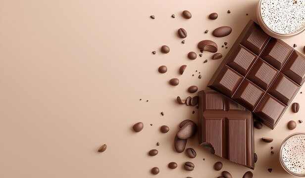 3D render of chocolate bar with coffee beans and milk on beige background, minimalist composition with copy space for text or product design - Powered by Adobe