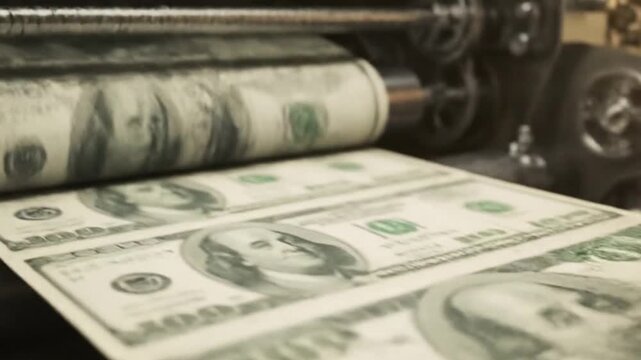 a money printing press in operation. Show a continuous stream of freshly printed US $100 bills coming out of the high-speed printing rollers