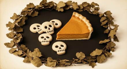 A slice of pumpkin pie on a black plate surrounded by skull-shaped cookies and a wreath of dried leaves. Halloween-themed dessert display.