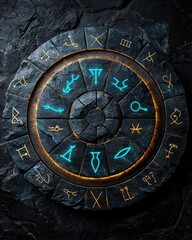 Fototapeta premium Mystical compass with celestial symbols and golden accents on a dark blue stone background.