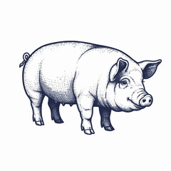 Fototapeta premium Cute pig illustration shows domestic animal with a curly tail and kind smile. Detailed drawing pig illustration brings classic farm animal to life, showcasing its gentle nature.