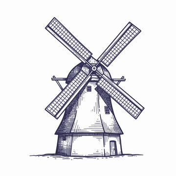 Isolated windmill drawing in detailed sketch style, depicting rural farm. This windmill drawing illustrates old-fashioned architecture, providing a nostalgic look.