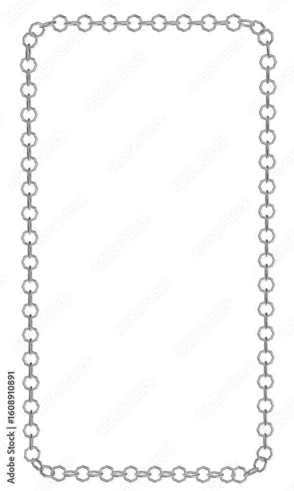 Poster a sleek 3d render of a rectangular frame formed by delicate metal chains with intricate links. ideal
