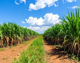 Lush green sugarcane field with tall stalks and dirt path under a bright blue sky,
