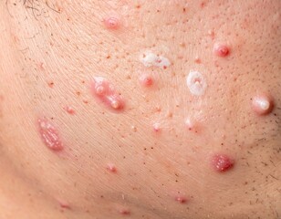 Close-up of human skin with multiple red bumps and white spots, showing signs of irritation or dermatological condition.

