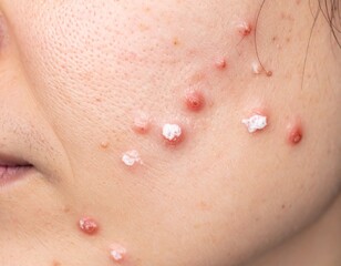 Close-up of human skin with multiple red bumps and white spots, showing signs of irritation or dermatological condition.
