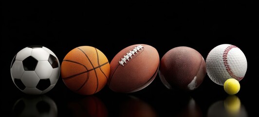The variety of sports equipment displayed in a sleek lineup on a dark background.