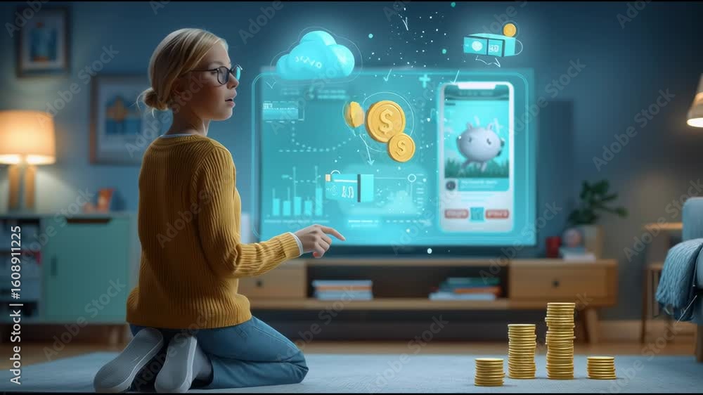 Poster a realistic indoor setting where a mom points at a screen showing a savings app, with 3d icons of cl
