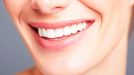 Fototapeta premium Close-up of a happy woman smiling with perfect white teeth, close-up on her mouth and healthy smile