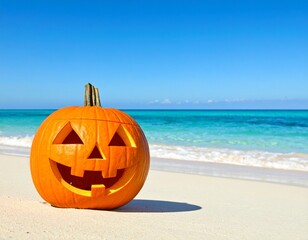 Halloween pumpkin with carved face placed on tropical sandy beach under blue sky
