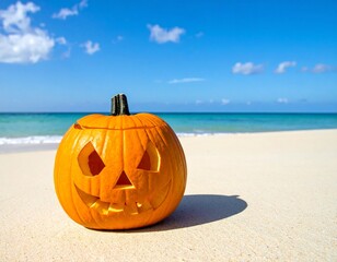 Halloween pumpkin with carved face placed on tropical sandy beach under blue sky
