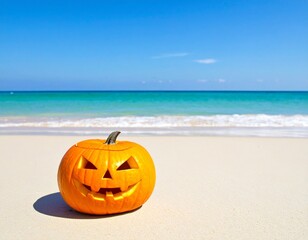 Halloween pumpkin with carved face placed on tropical sandy beach under blue sky
