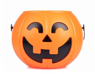 plastic Halloween Jack-o'-lantern bucket with a black smiling face and handle isolated on white 