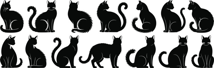 Cat silhouette vector set, elegant feline illustrations, sitting and walking black cats, fluffy tail domestic animal icons, pet posture collection flat vector illustration