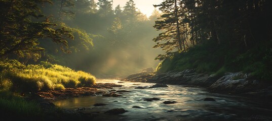 Early morning forest glows with golden sunlight, touched by the calm ocean air
