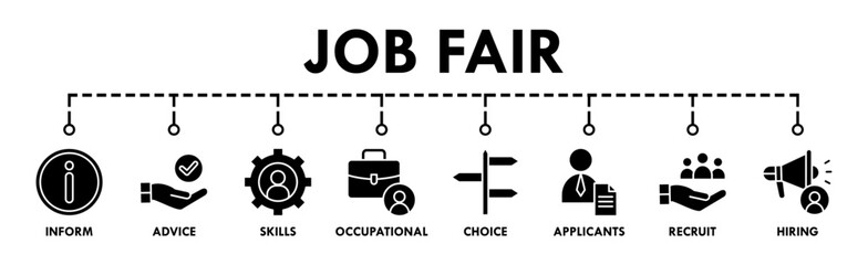 Job fair banner web icon vector illustration concept for employee recruitment and onboarding program with an icon of the information, advice, skills, occupational, applicants, recruit, and hiring
