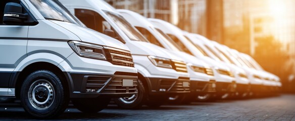 The fleet of white delivery vans parked in the urban setting at sunset