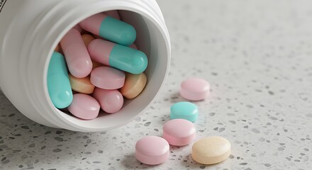 Pharmaceutical Still Life: Pills Spill From Open Medicine Bottle, A Vibrant Collection of Colorful Medications and Capsules in a Medical Scene