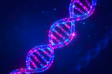 Glowing neon DNA double helix on dark background. Concept of biotechnology, genetic engineering, and futuristic medical science.