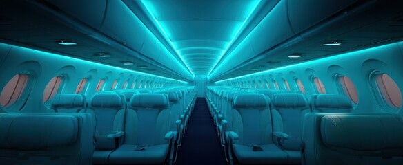 The Futuristic Airplane Cabin with Blue Ambient Lighting and Empty Seats